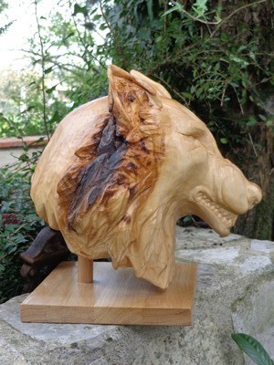 sculpture bois tete de loup